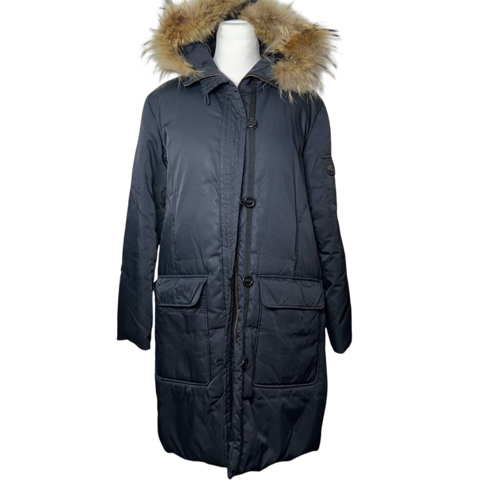 DKNY Donna Karan New York Puffer Down Coat Women's L Black Fur Trim Hooded